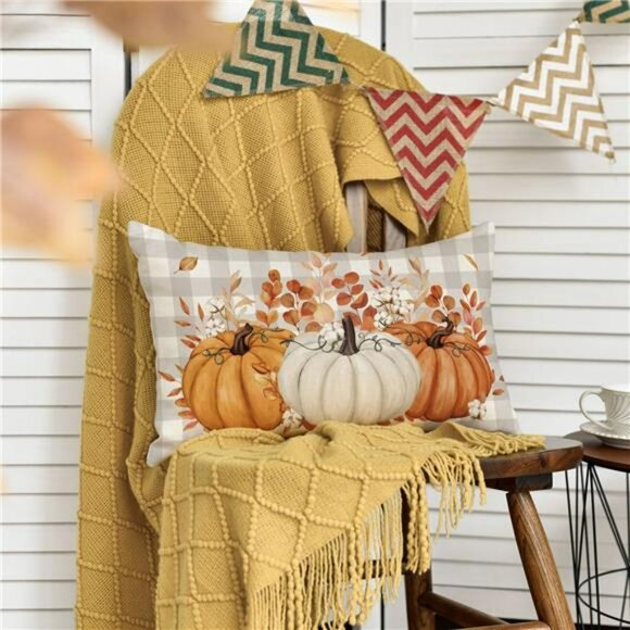 Pumpkin Buffalo Plaid Fall Throw Pillow Cover 12x20 Autumn Thanksgiving Decor - Picture 4 of 8